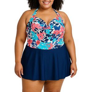 Suddenly Slim By Catalina Halter Floral Swim Dress Built-In Bra Plus Size 3X